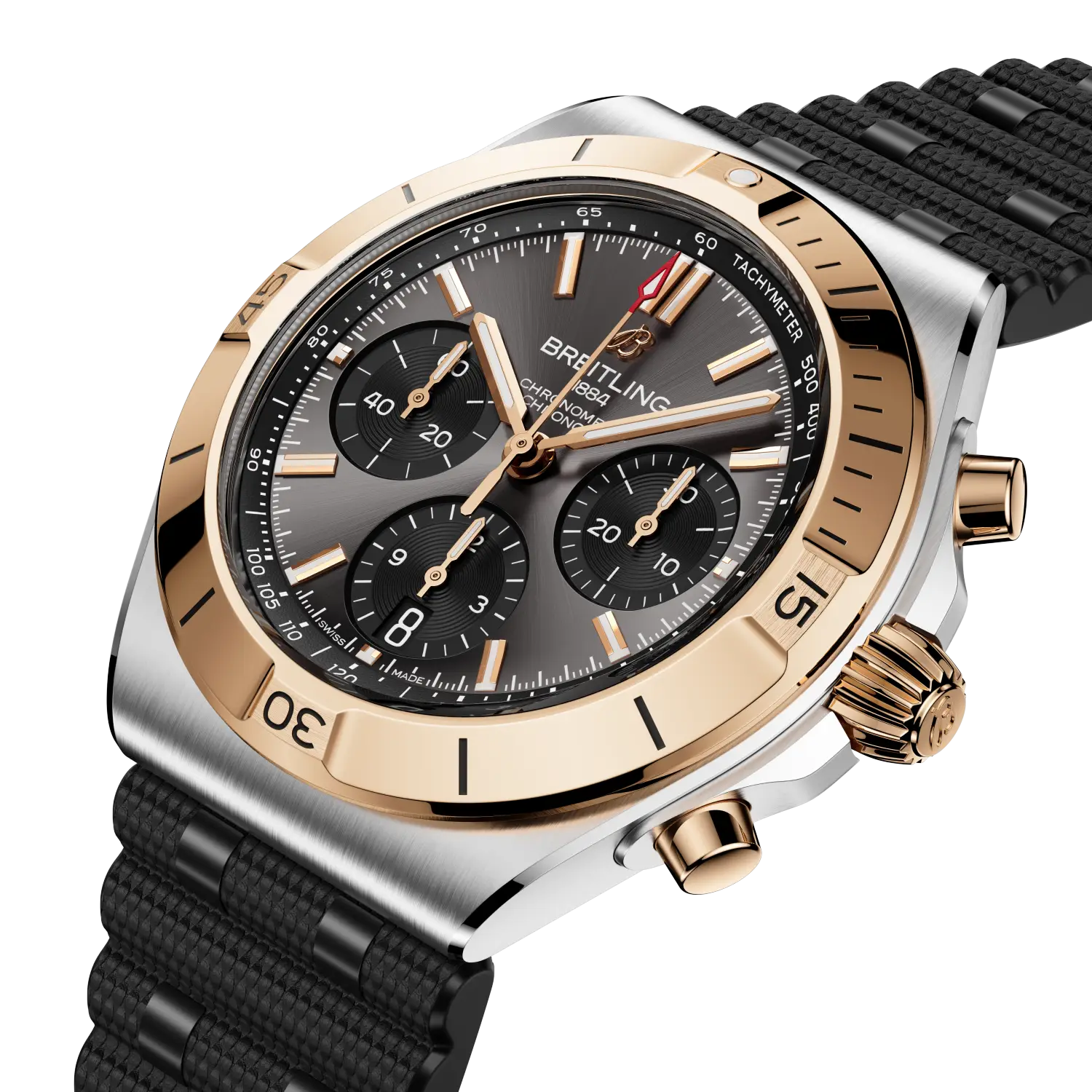 Luxury watch with black strap and gold accents on a white background
