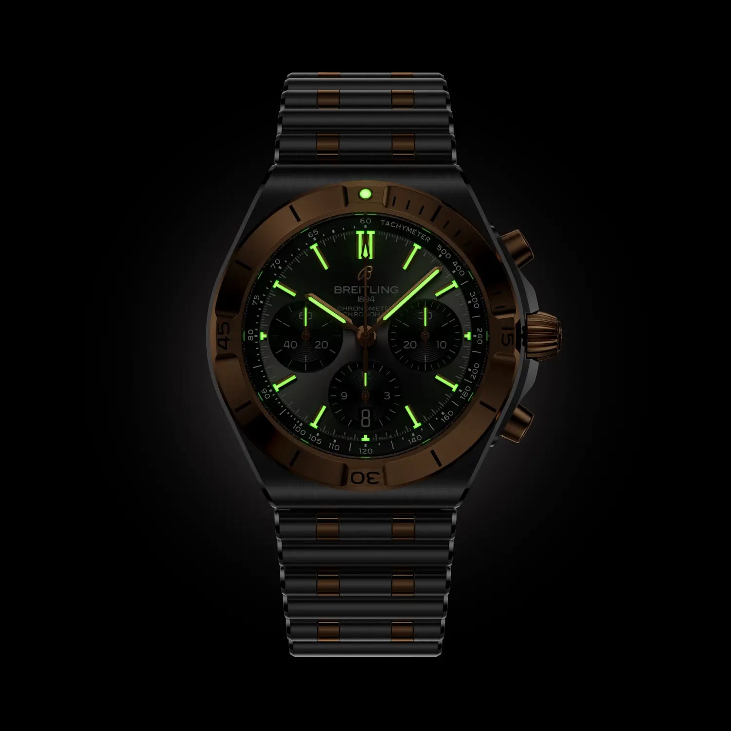 Luxury watch with green digital display on a black background
