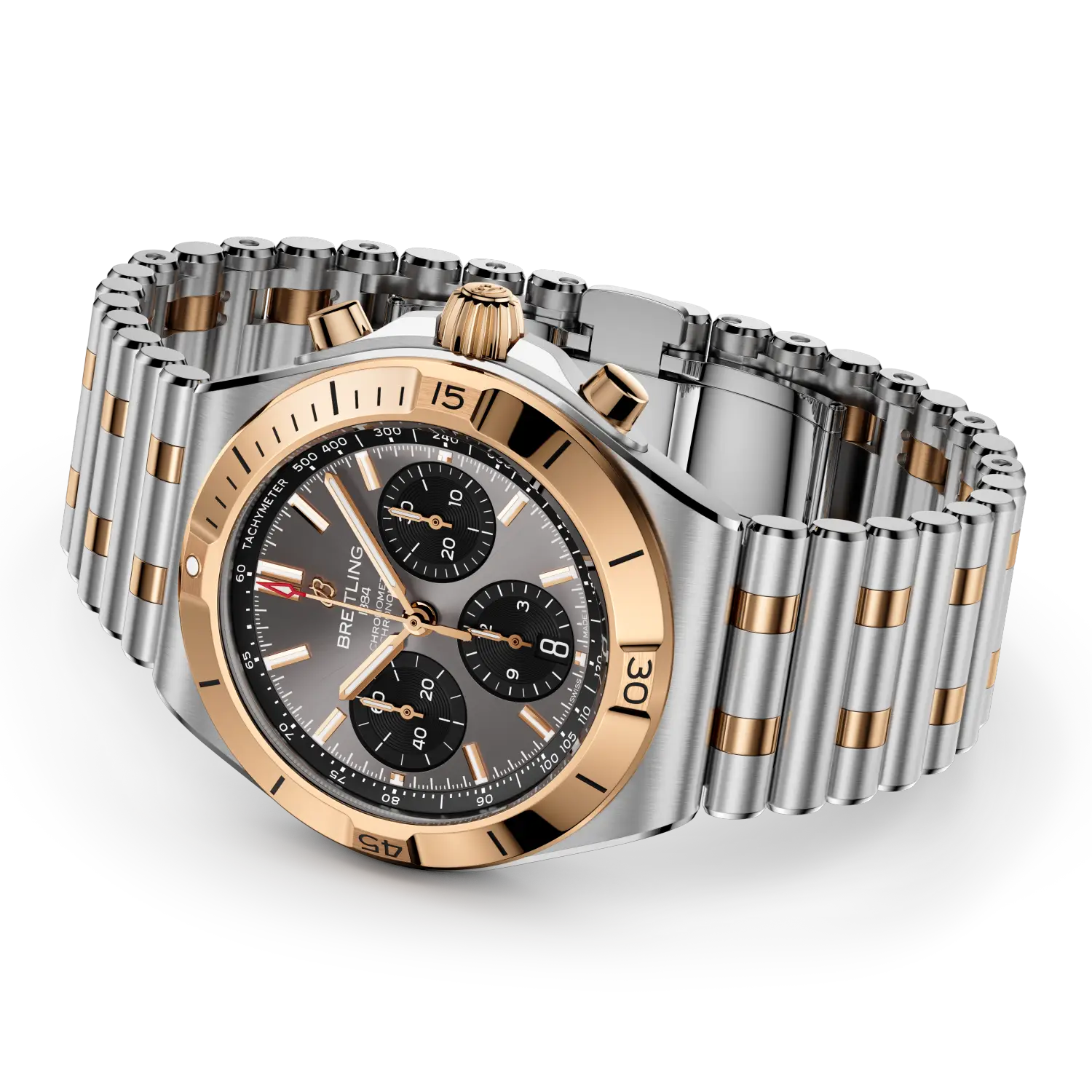 Luxury watch with silver and rose gold band on a white background