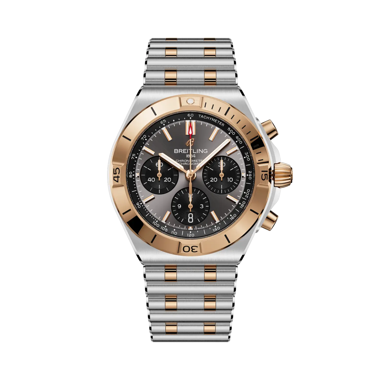 Luxury watch with silver and rose gold band on a white background