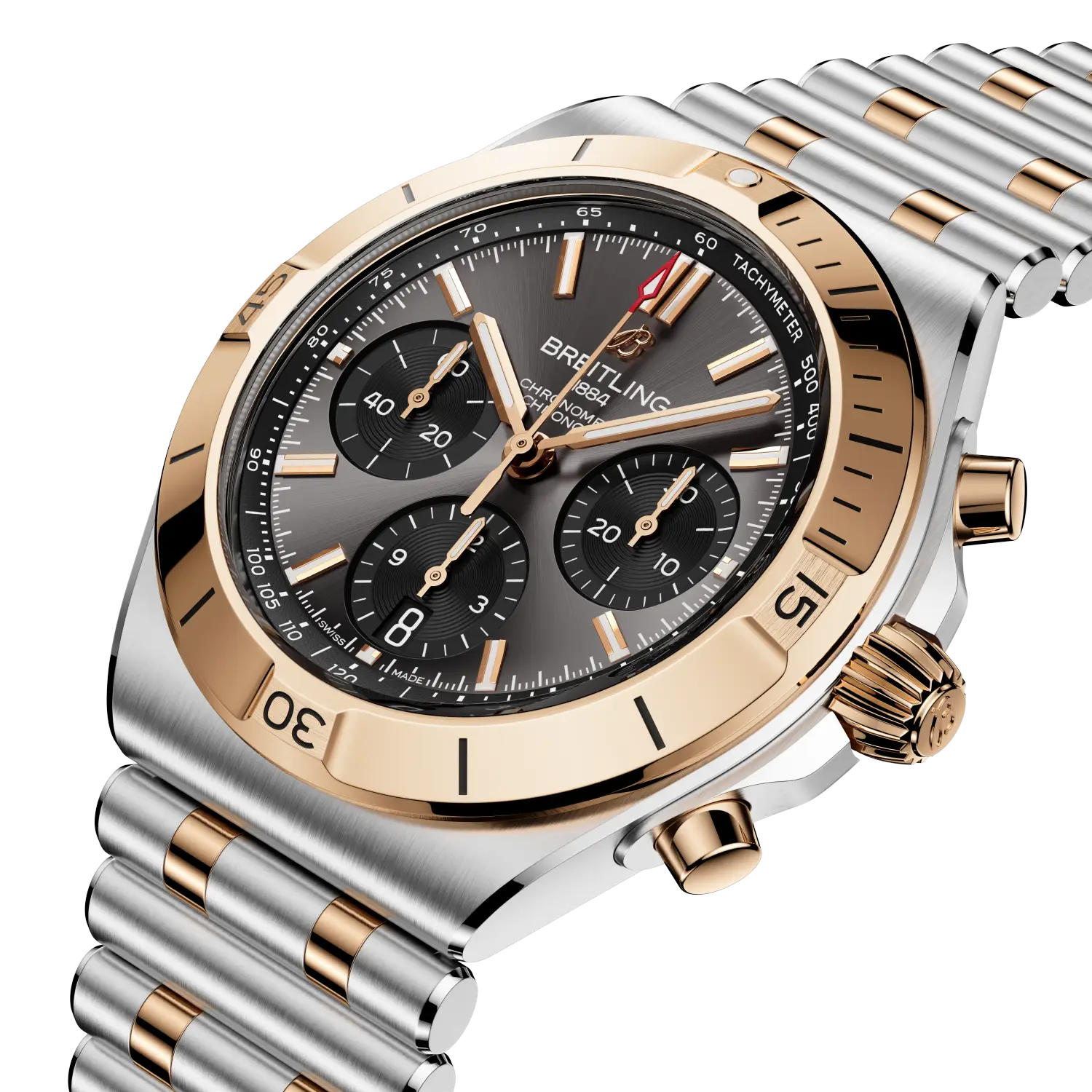 Luxury Breitling watch with silver and rose gold accents on a white background